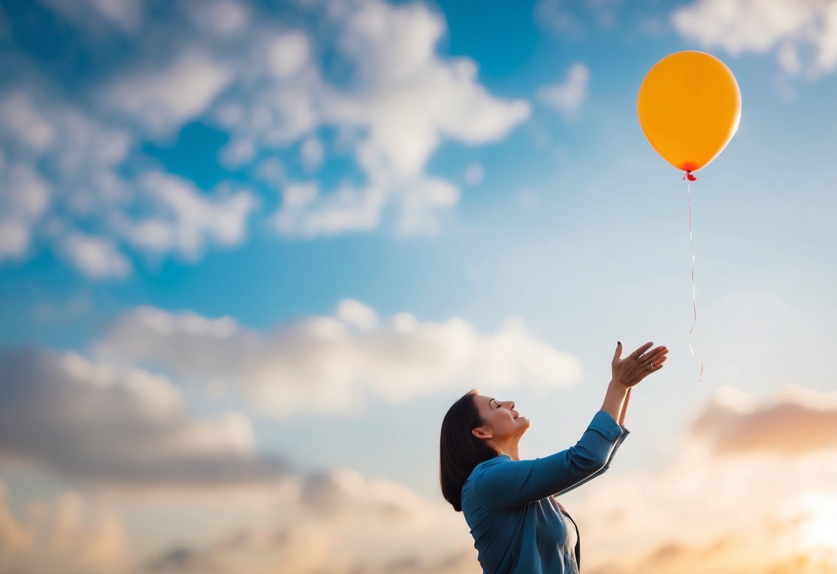 A parent letting go of a heavy burden, symbolized by releasing a balloon into the sky. The parent looks relieved and empowered