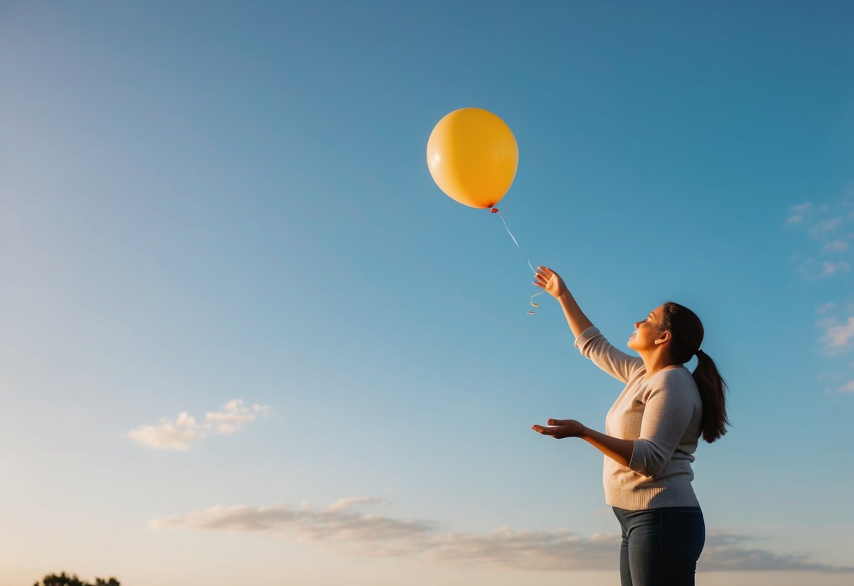 A parent releasing a balloon into the sky, watching it float away as a symbol of letting go of comparisons and parental guilt