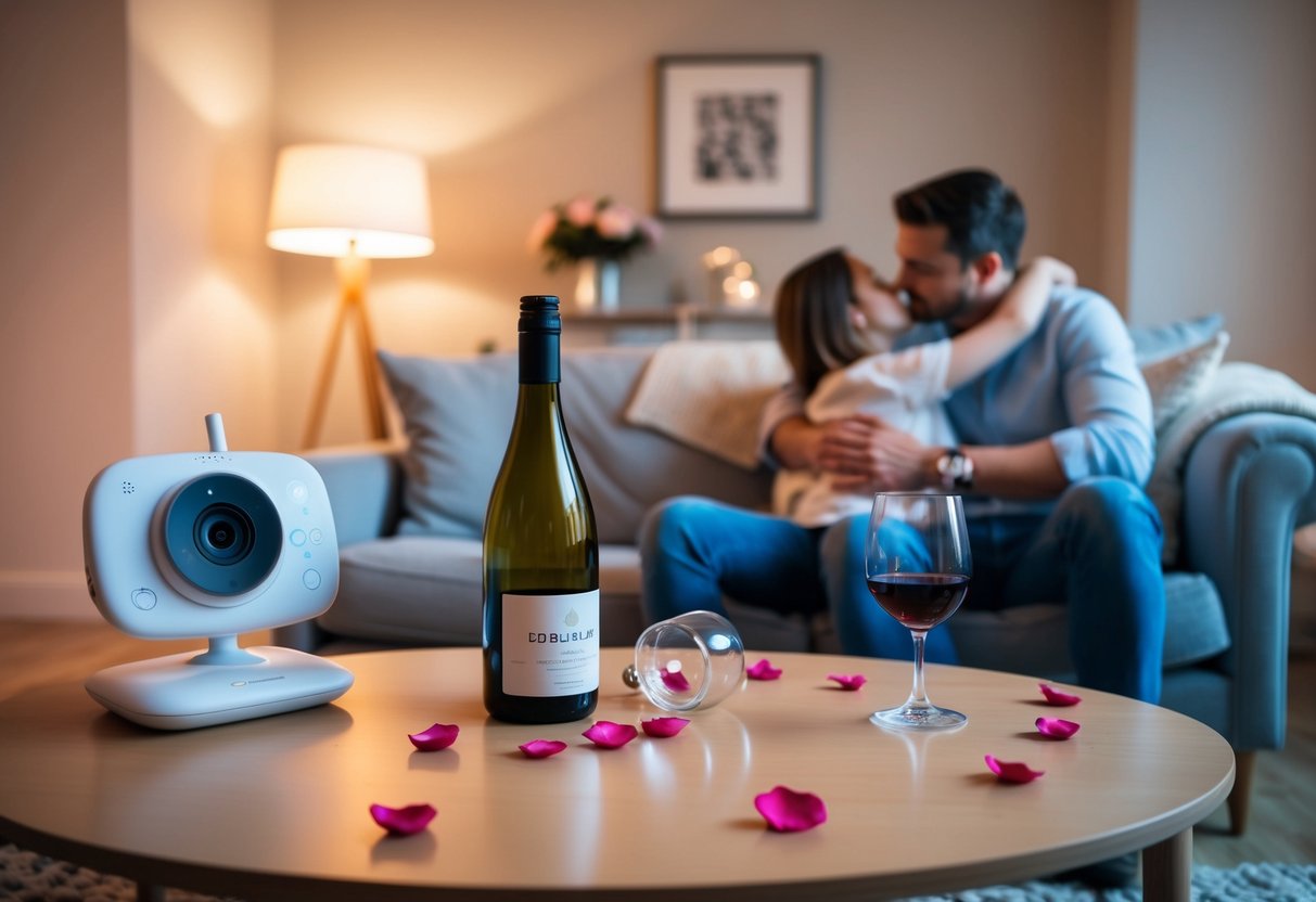 A cozy living room with soft lighting, scattered rose petals, and an open bottle of wine on the coffee table. A baby monitor sits nearby, while a couple shares a tender embrace on the couch