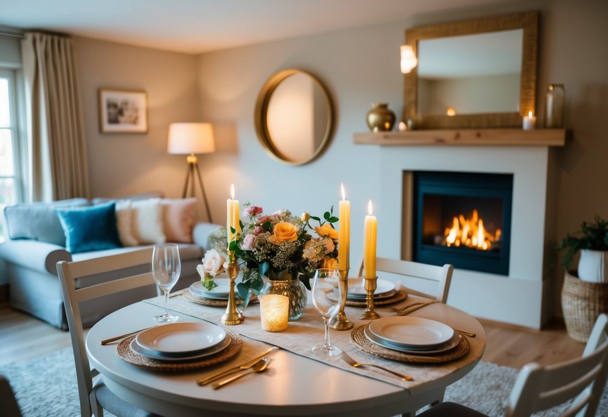 A cozy living room with soft lighting, a crackling fireplace, and a table set for two with candles and flowers