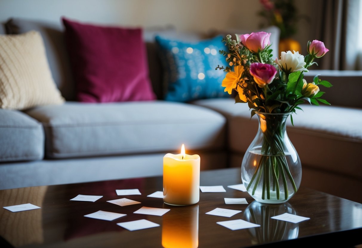 A cozy living room with scattered love notes, a flickering candle, and a vase of fresh flowers on the coffee table