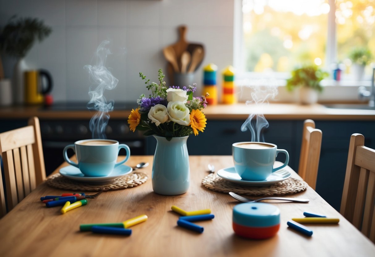 A cozy kitchen table set for two, with steaming mugs of coffee and a vase of fresh flowers, surrounded by children's toys and scattered crayons