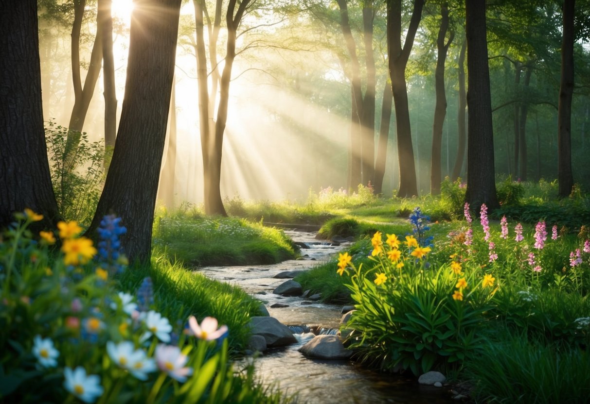 A serene forest with sunlight filtering through the trees, a peaceful stream flowing, and colorful flowers blooming, creating a tranquil and rejuvenating atmosphere