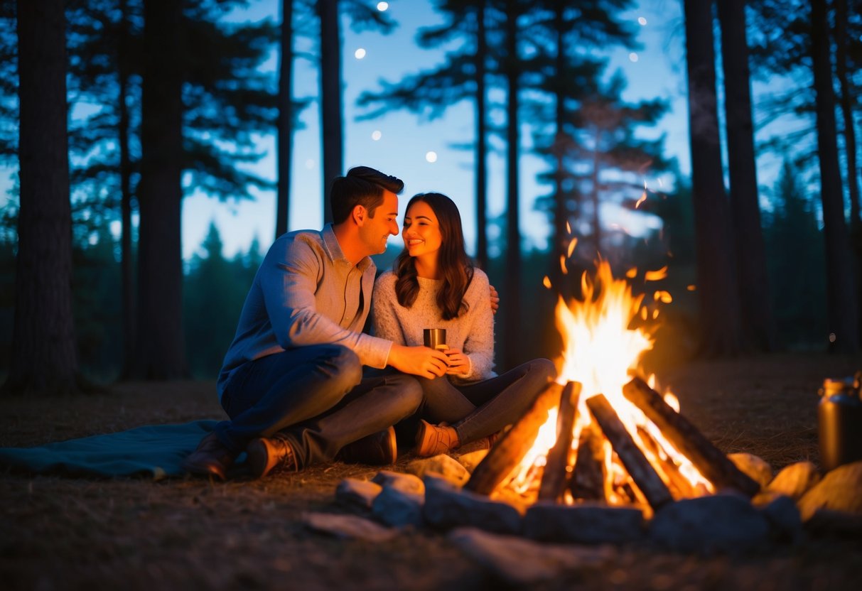 A couple sits by a cozy campfire under the stars, surrounded by a peaceful forest. The warm glow illuminates their faces as they enjoy a quiet moment together