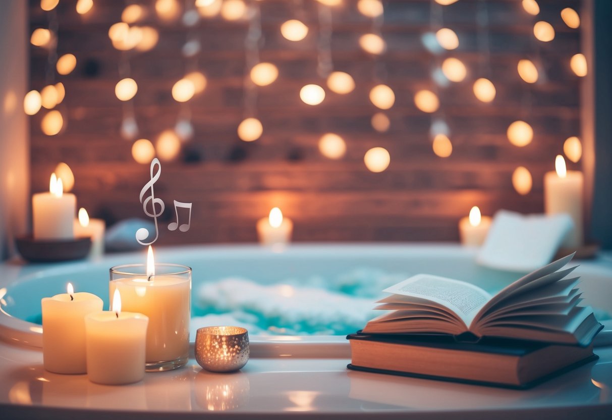 A serene bubble bath with candles, soft music, and a book nearby for relaxation