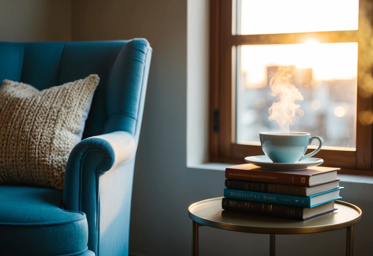 A cozy armchair next to a sunlit window, with a cup of tea and a stack of books on a side table