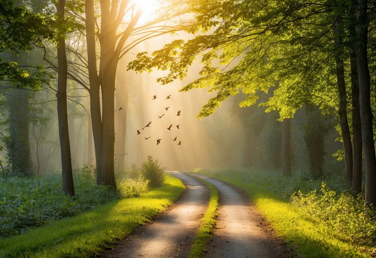 A peaceful forest path with sunlight filtering through the trees, birds chirping, and a gentle breeze rustling the leaves