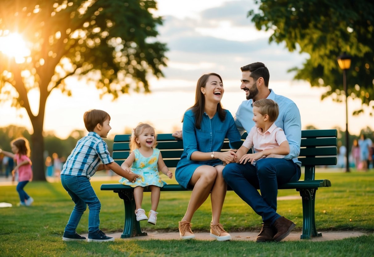 A couple sitting on a park bench, laughing together while watching their children play. The sun is setting, casting a warm glow over the scene