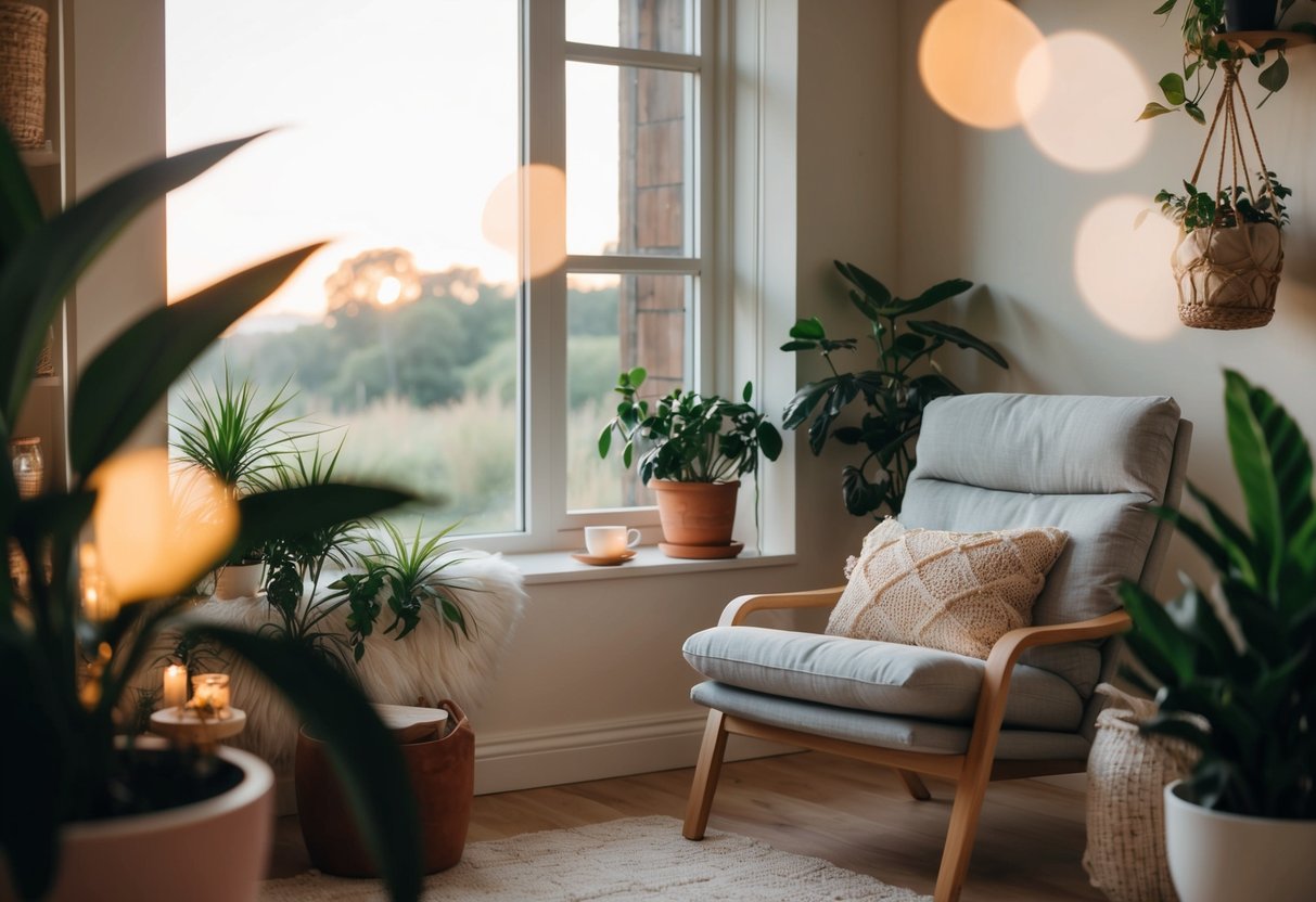 A cozy room with soft lighting, a comfortable chair, and a warm cup of tea, surrounded by plants and a serene view of nature through a window