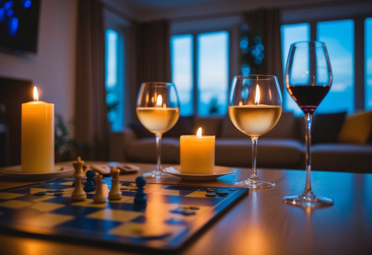A cozy living room with a candlelit dinner table, two wine glasses, and a board game set up for a date night at home