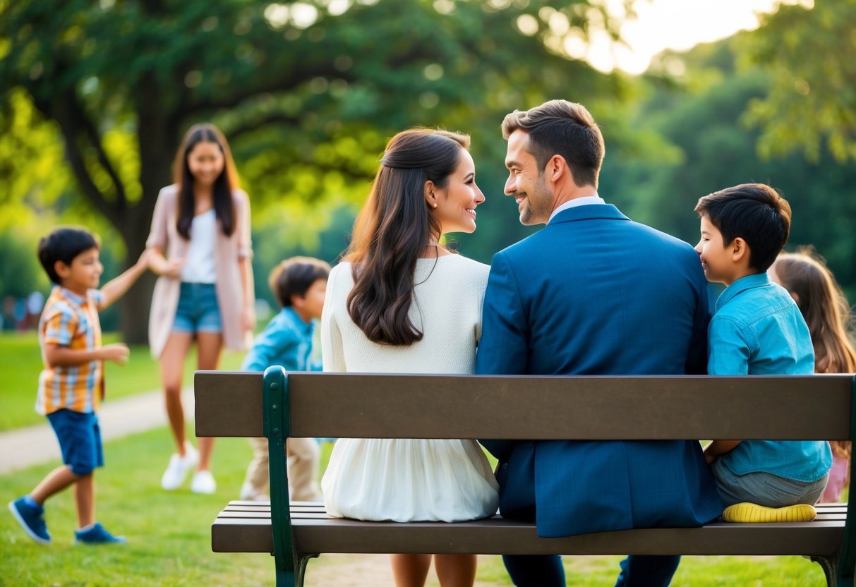 A couple sitting on a park bench, facing each other, engaged in a deep conversation, surrounded by playful children and a serene natural setting