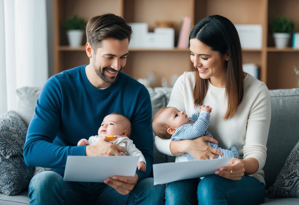 A couple sitting together, each holding a baby, while working on a chore chart and discussing parenting responsibilities