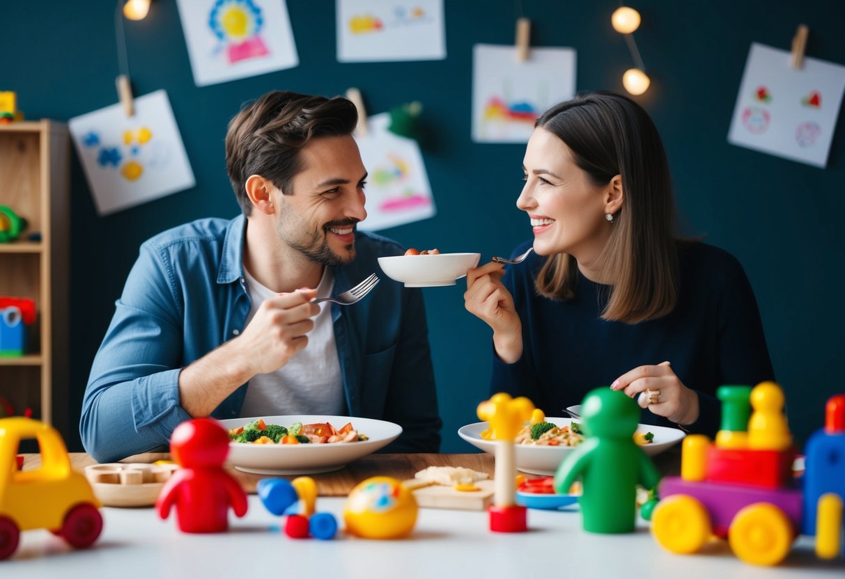 A couple sitting together, surrounded by toys and children's drawings, sharing a meal and smiling at each other
