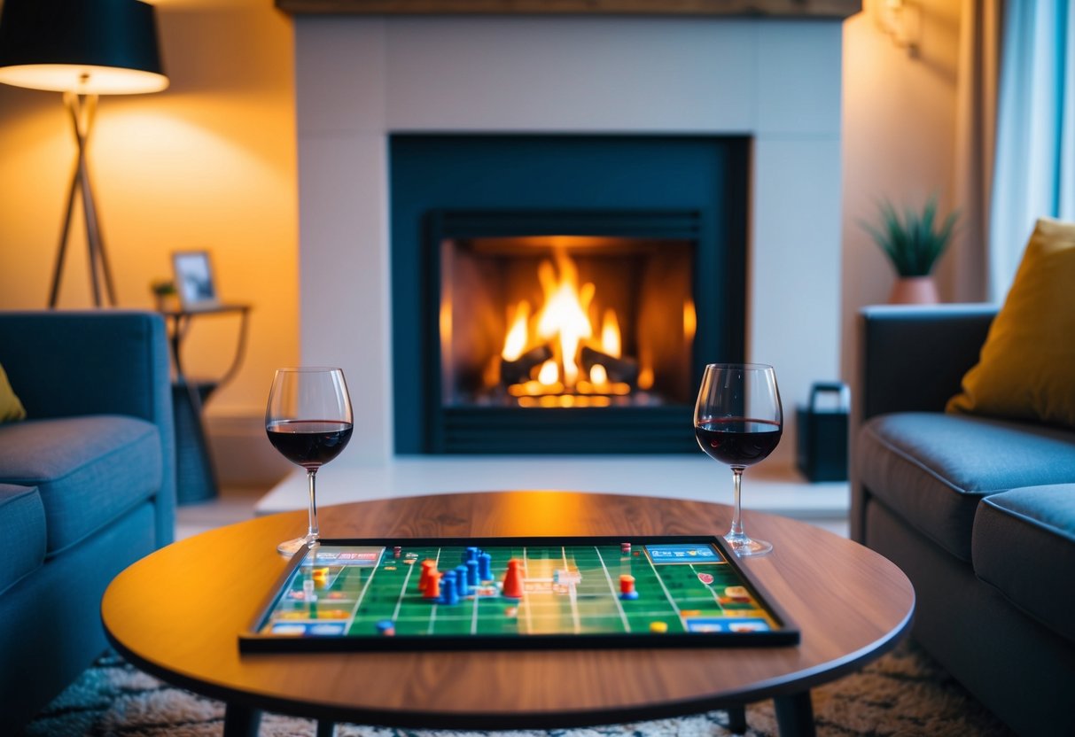 A cozy living room with a crackling fireplace, a board game set up on the coffee table, and two glasses of wine waiting to be enjoyed