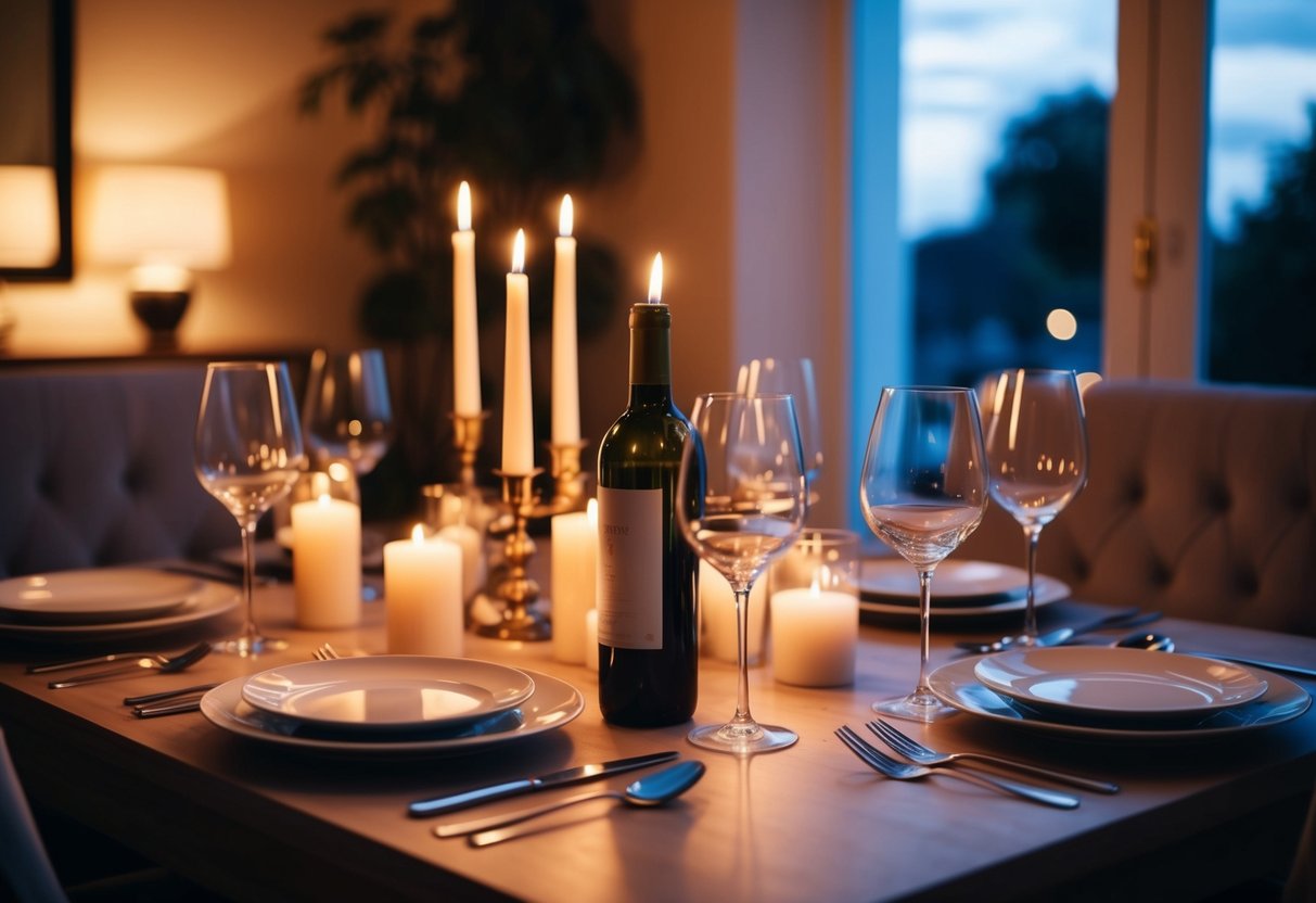 A cozy dining table set with candles, wine, and elegant dinnerware. Soft lighting creates a warm and intimate atmosphere, perfect for a romantic evening at home