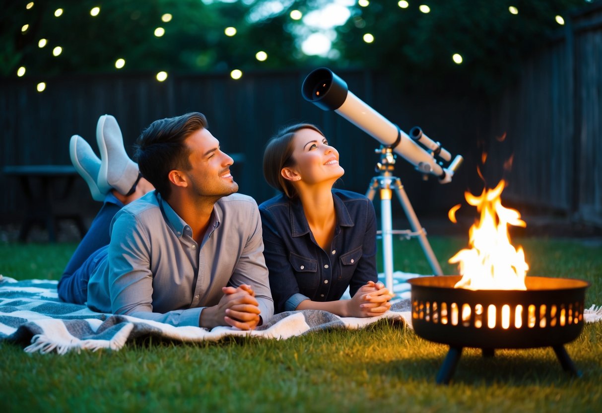 A couple lies on a blanket in the backyard, gazing up at the stars. A telescope sits nearby, and a cozy fire pit crackles in the background