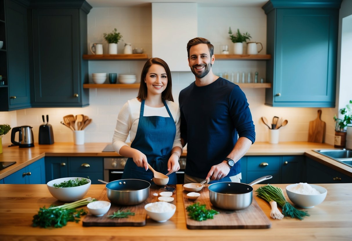 A cozy kitchen with two sets of cooking utensils and ingredients laid out on a wooden countertop. A couple stands side by side, smiling as they prepare a meal together
