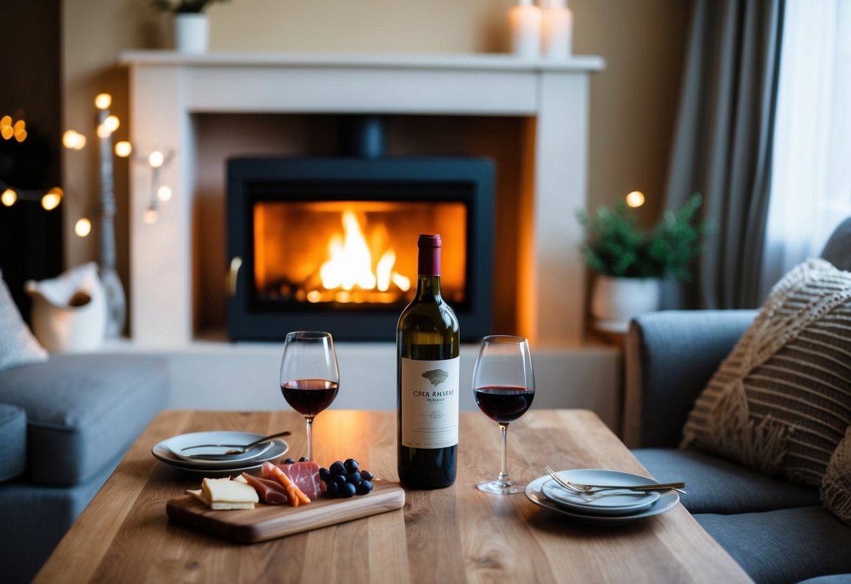 A cozy living room with a crackling fireplace, soft lighting, and a table set for two with a bottle of wine and a charcuterie board