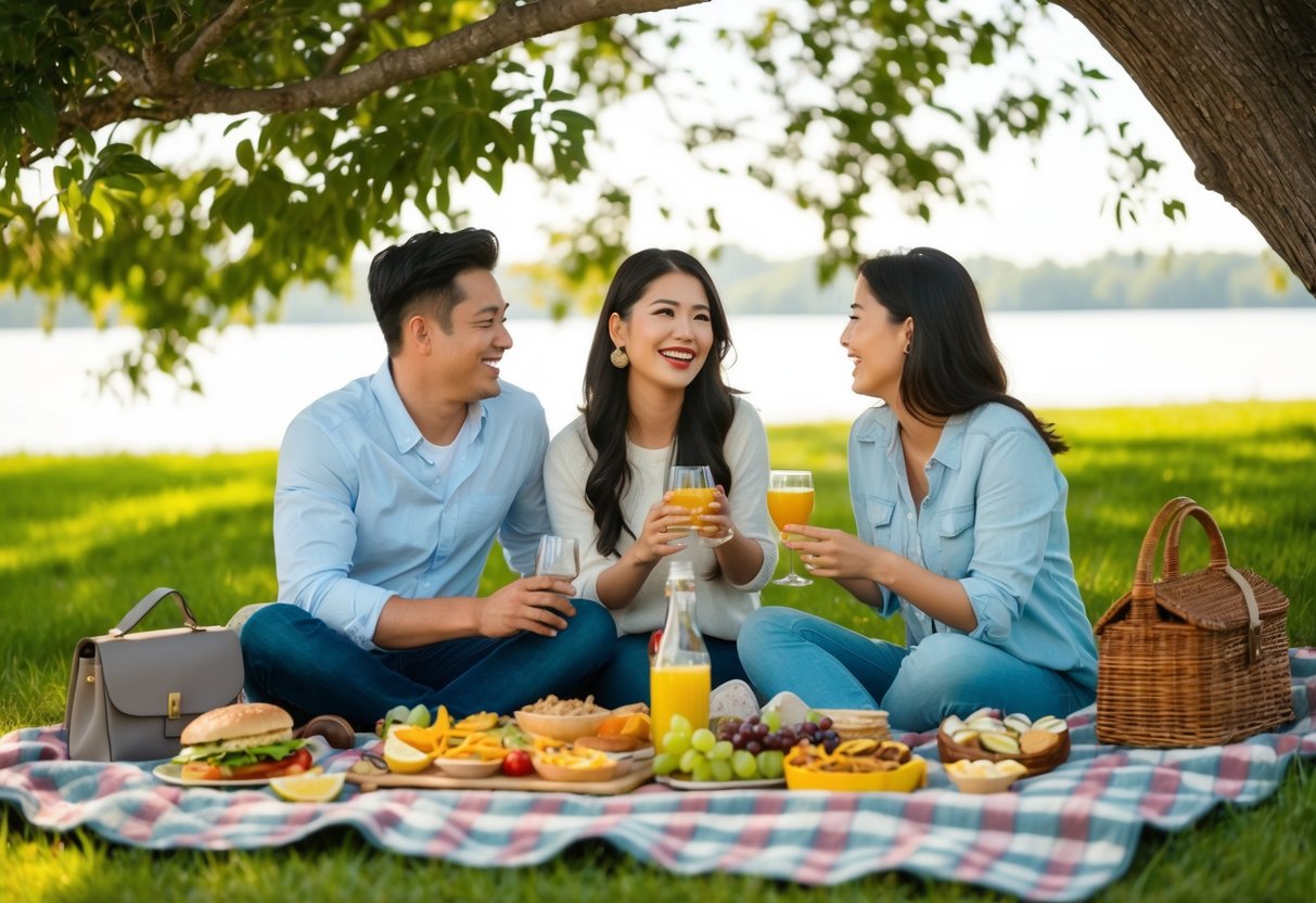 A cozy picnic blanket laid out under a shady tree, surrounded by a spread of delicious food and drinks. A couple enjoys each other's company, laughing and chatting in the serene outdoor setting