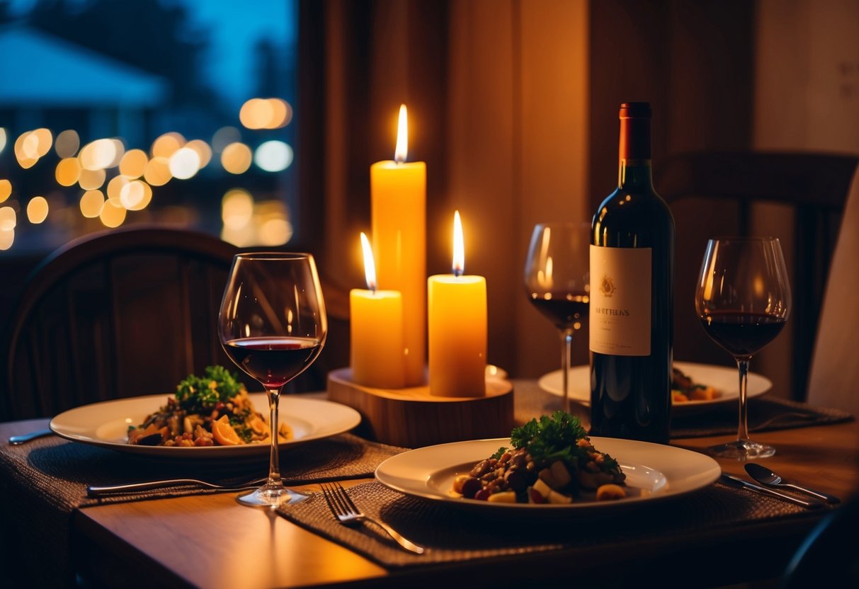 A cozy dining table set for two with flickering candles, a bottle of wine, and a delicious meal, creating a warm and romantic atmosphere