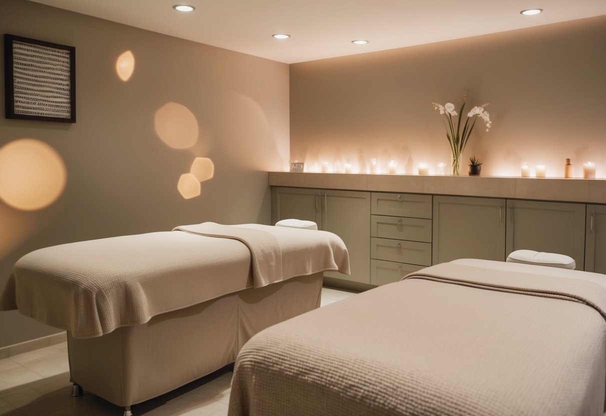 A serene spa room with two massage tables, soft lighting, and relaxing music
