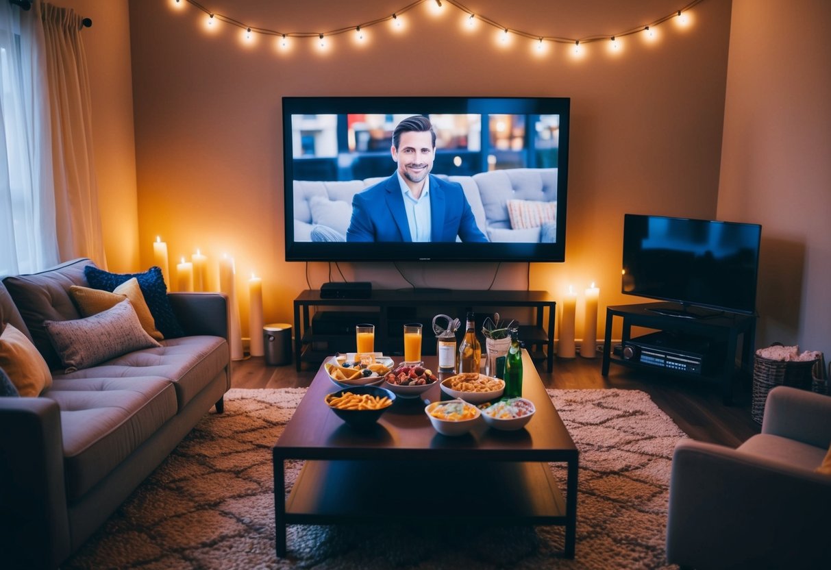 A cozy living room with a large screen TV, a plush sofa, and a coffee table filled with snacks and drinks. The room is dimly lit with string lights and candles, creating a warm and romantic atmosphere