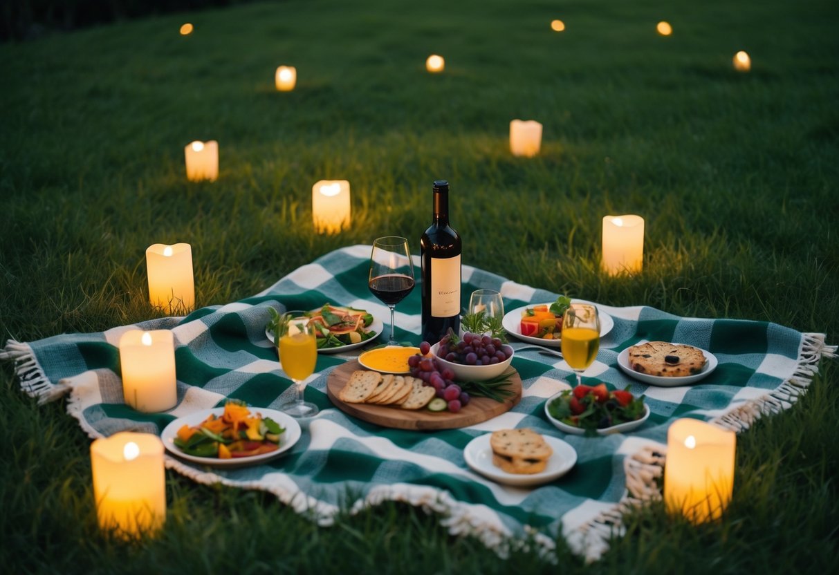 A cozy picnic blanket spread out on lush green grass, surrounded by flickering candlelight and a spread of delicious food and wine