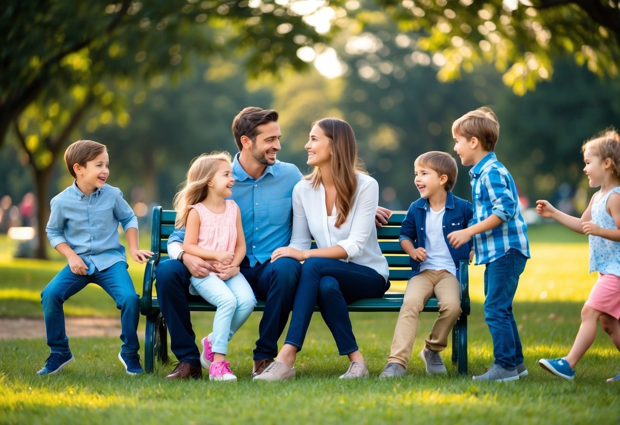 A couple sitting on a park bench, surrounded by their children playing. The parents are engaged in conversation, smiling and making eye contact, while the kids laugh and interact nearby