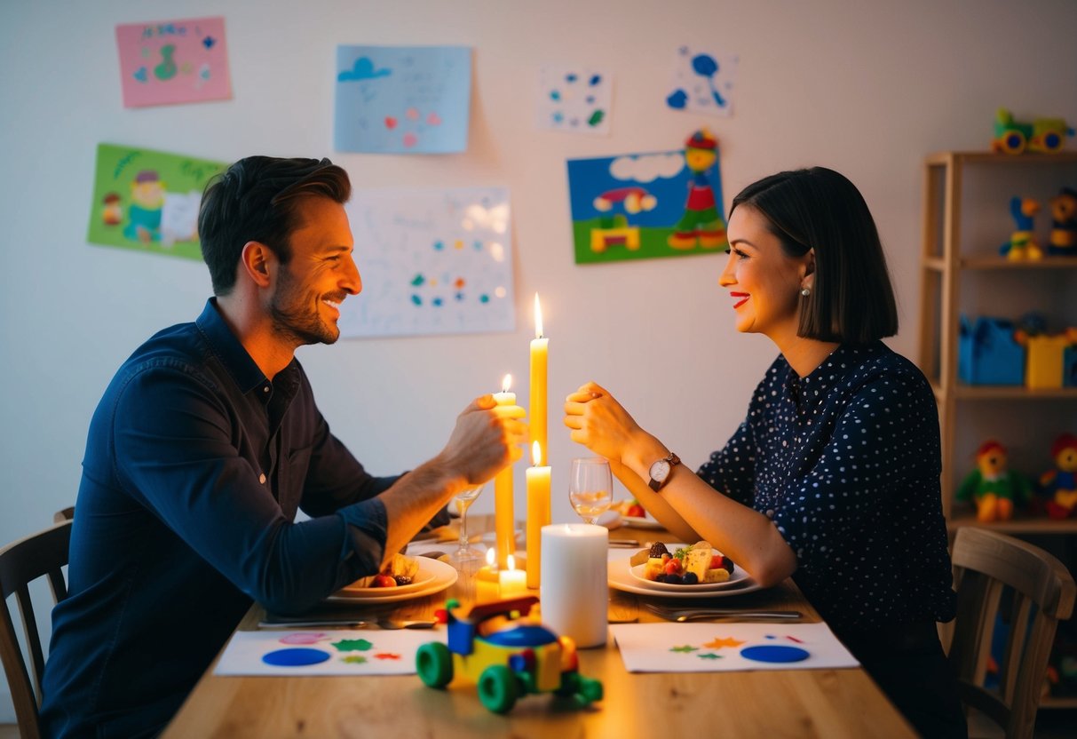 A couple sitting at a table with a candlelit dinner, surrounded by toys and children's drawings. They are holding hands and smiling at each other