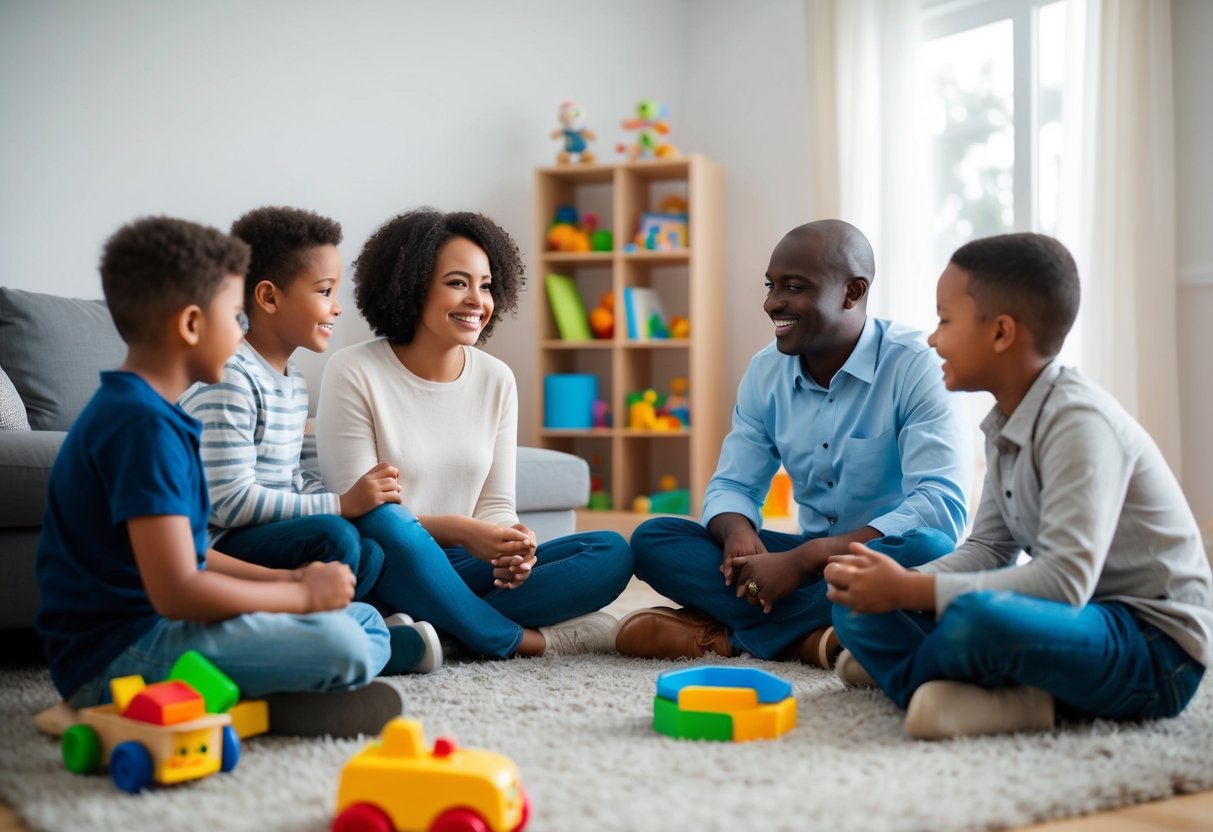 A family sitting in a circle, talking and listening to each other. Smiles and open body language show a strong connection. Toys and children's items scattered around the room