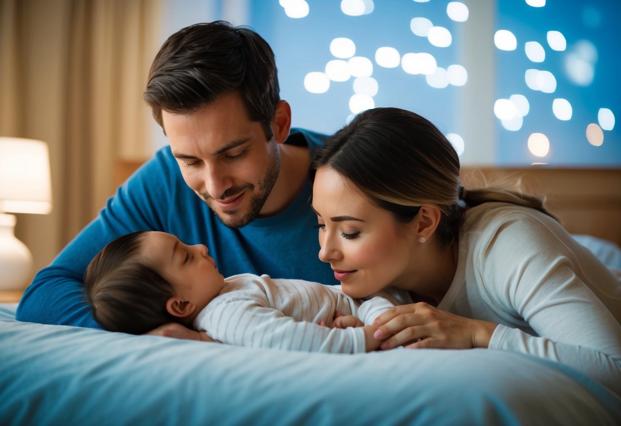 A couple taking turns tending to a baby at night, one soothing the child while the other rests nearby, creating a sense of teamwork and connection