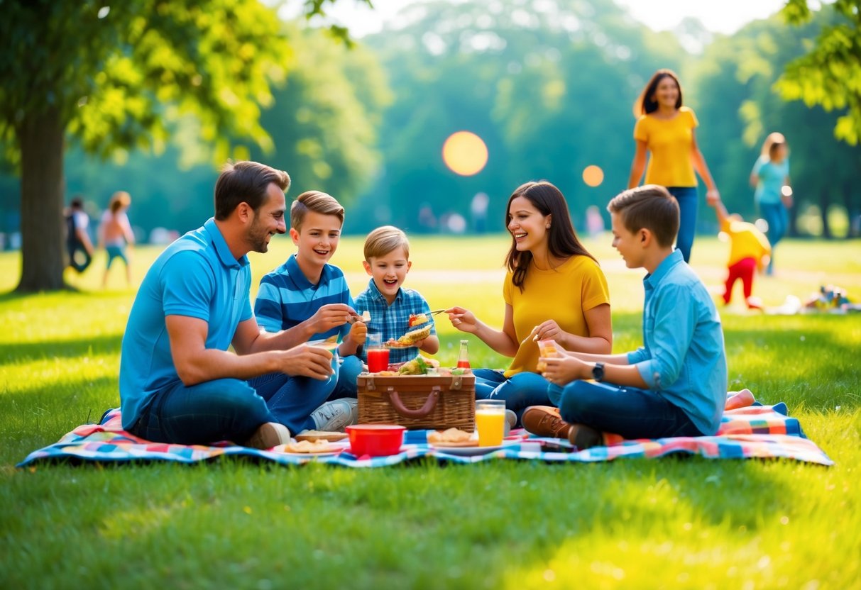 A family sitting around a picnic blanket in a park, enjoying a meal together while engaging in various outdoor activities like playing games and taking a nature walk