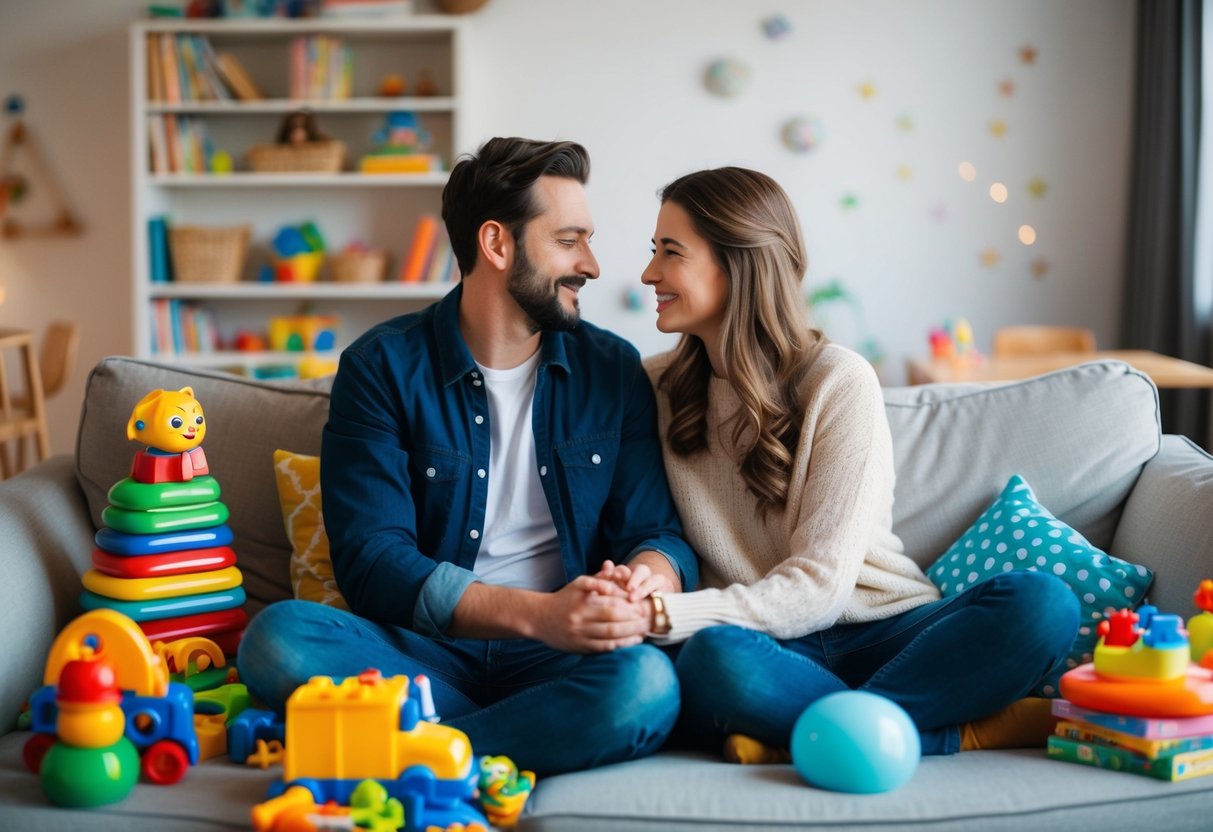 A couple sits on a cozy couch surrounded by toys and children's books. They hold hands and share a tender moment amidst the chaos of parenting