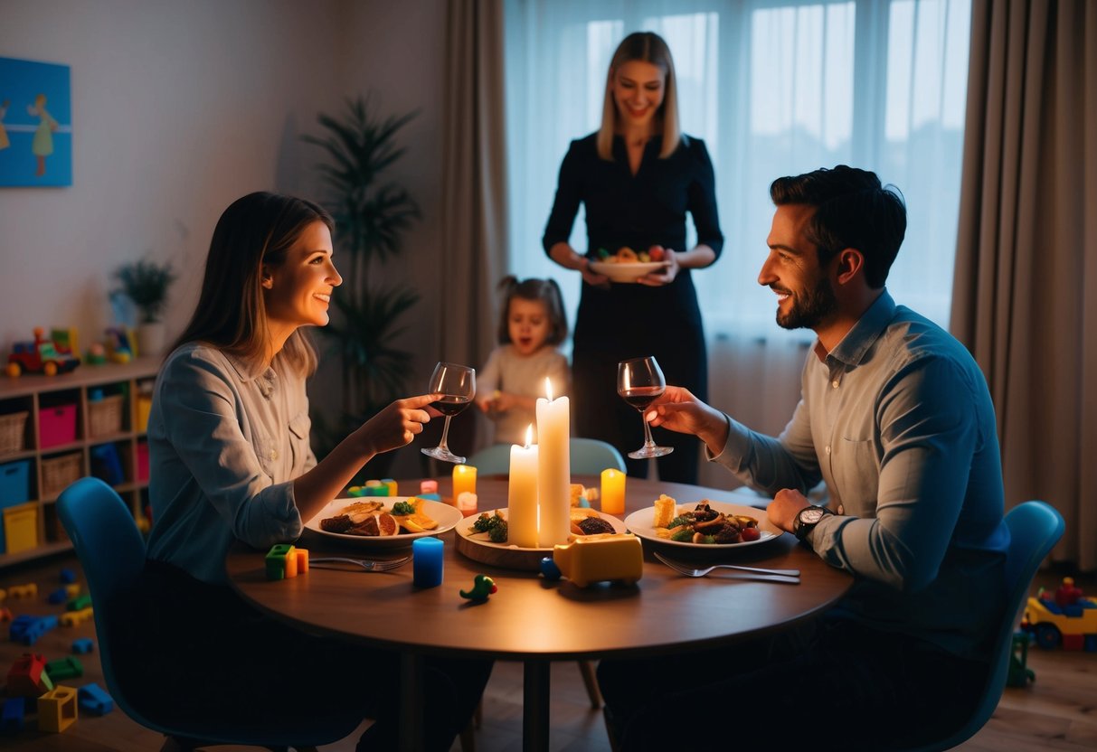 A couple sits at a candlelit table, surrounded by scattered toys. They share a meal and wine, while a babysitter entertains their children in the background