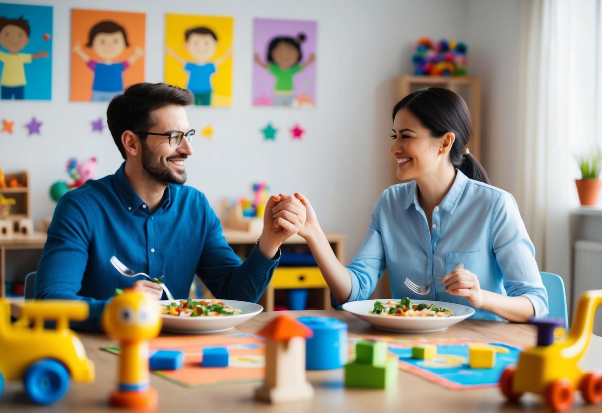 A couple sits at a table, surrounded by toys and children's drawings. They hold hands and smile, enjoying a peaceful meal together