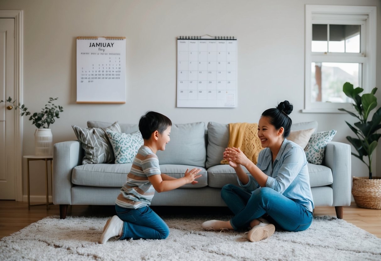 A cozy living room with a parent and child playing together while a calendar on the wall shows scheduled date nights and family activities
