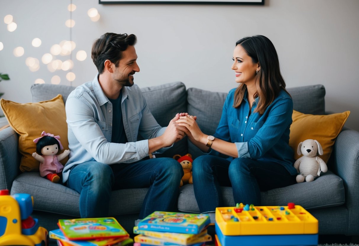 A couple sitting together on a cozy couch, surrounded by toys and children's books. They are holding hands and sharing a moment of connection amidst the chaos of parenting