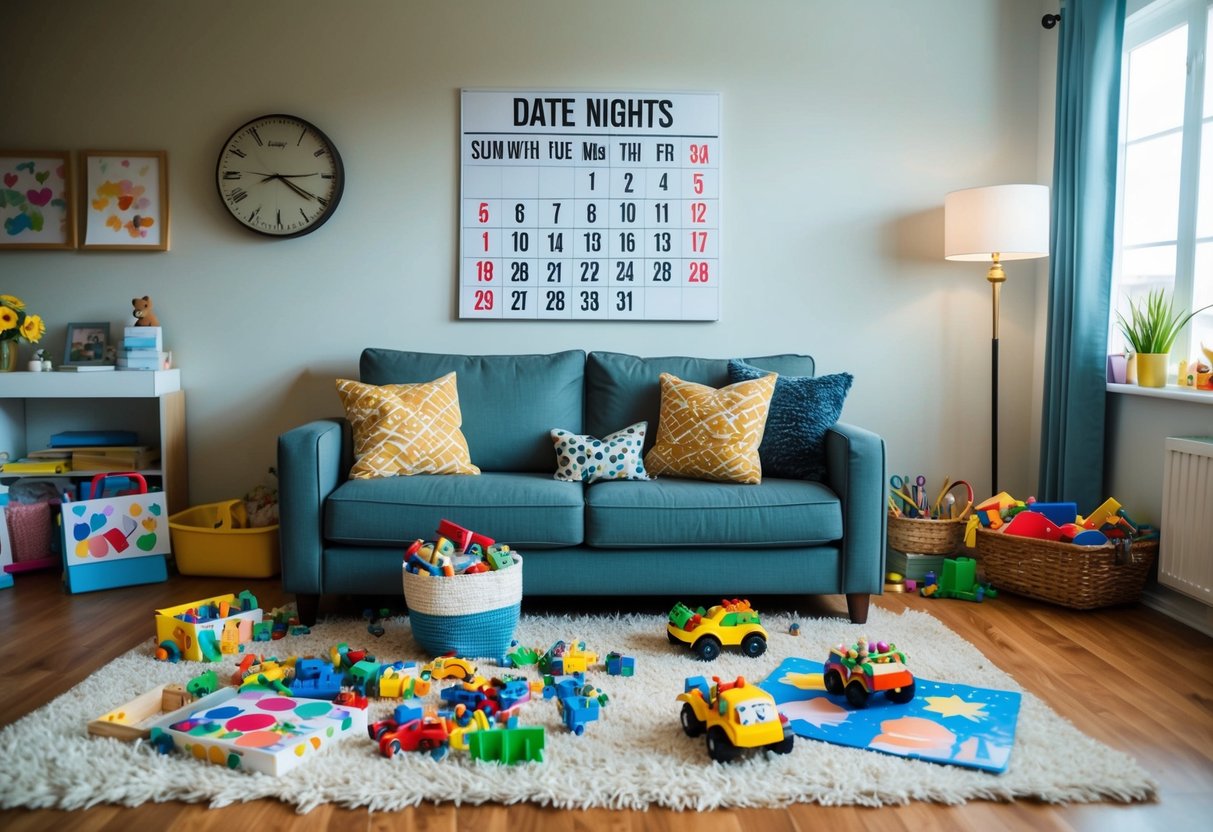 A cozy living room with a calendar on the wall, showing scheduled date nights. A parent's busy schedule is depicted through scattered toys and children's artwork