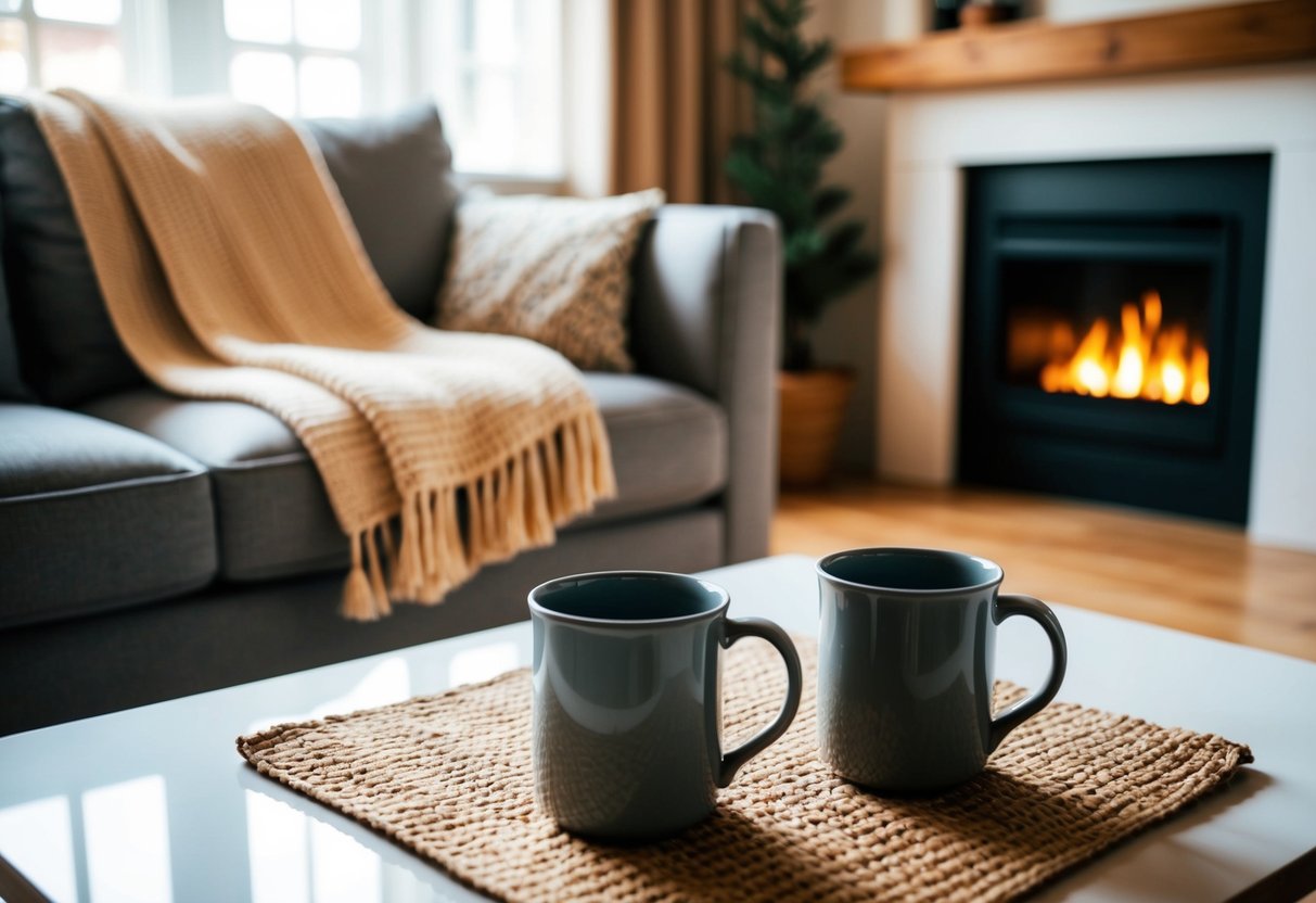A cozy living room with two empty mugs on the coffee table, a warm blanket draped over the sofa, and a soft glow from the fireplace