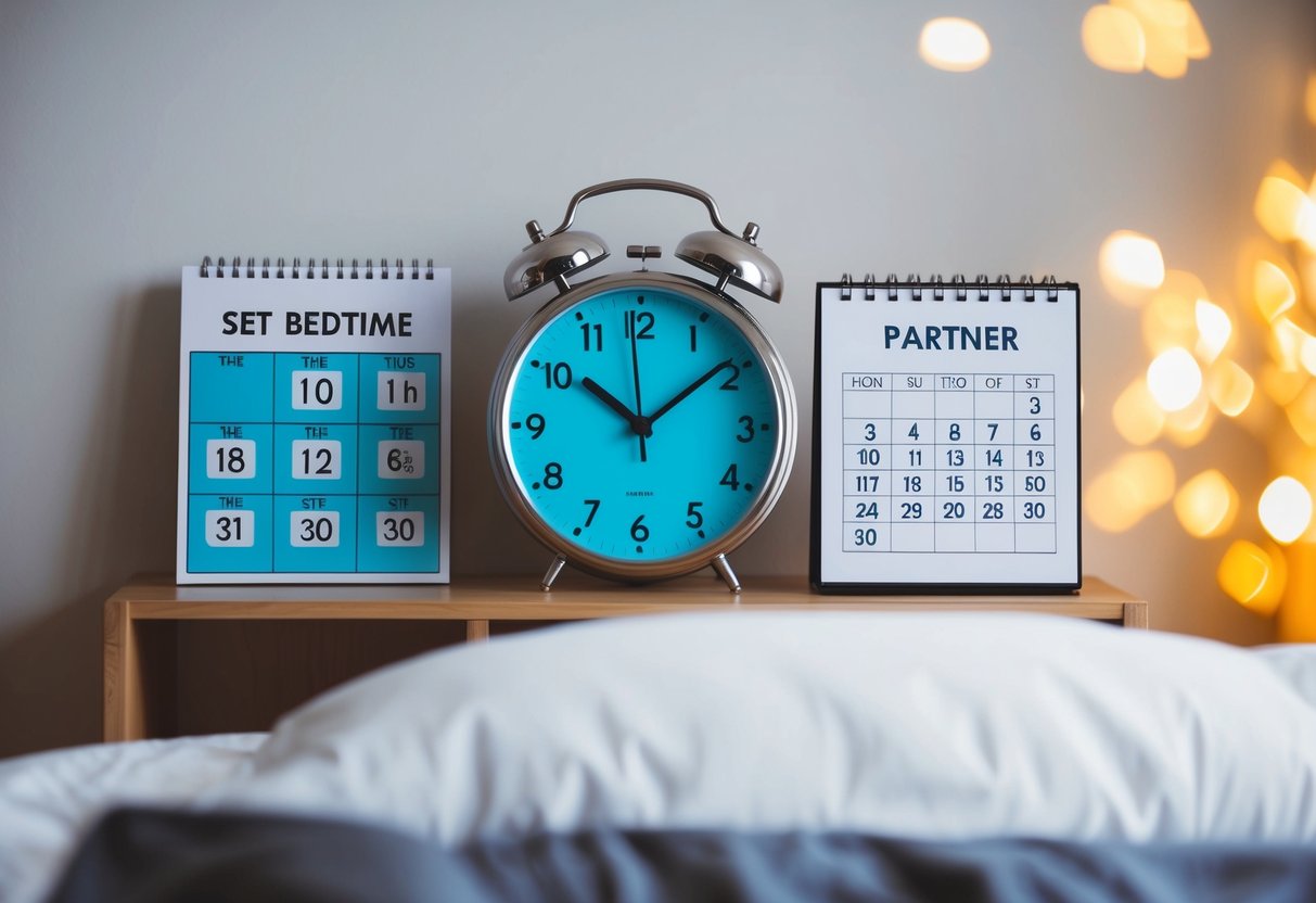 A cozy bedroom with a clock showing a set bedtime for kids, while a calendar and a clock symbolize making time for your partner in a busy parenting schedule