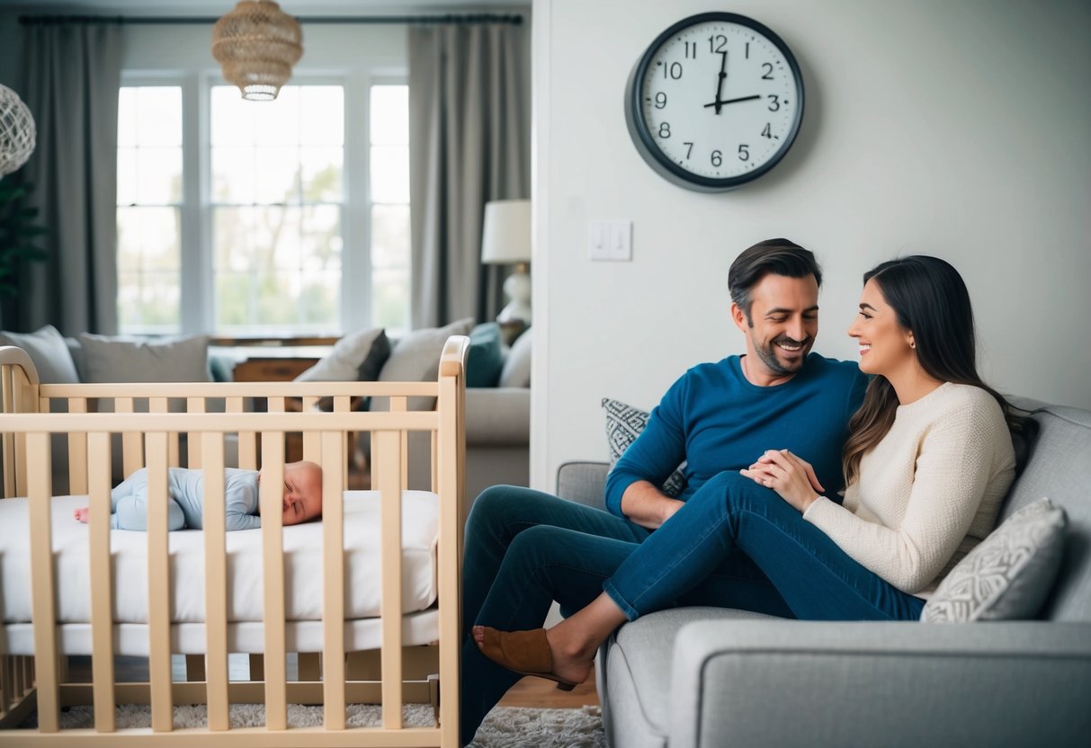 A cozy living room with a sleeping baby in a crib, a clock showing nap time, and a couple sitting together on the couch, enjoying a quiet moment