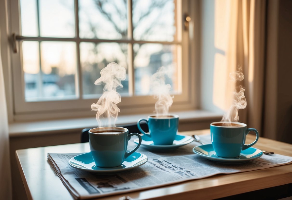 A cozy kitchen table set for two, with steaming mugs of coffee and a morning newspaper, surrounded by soft morning light filtering through the window