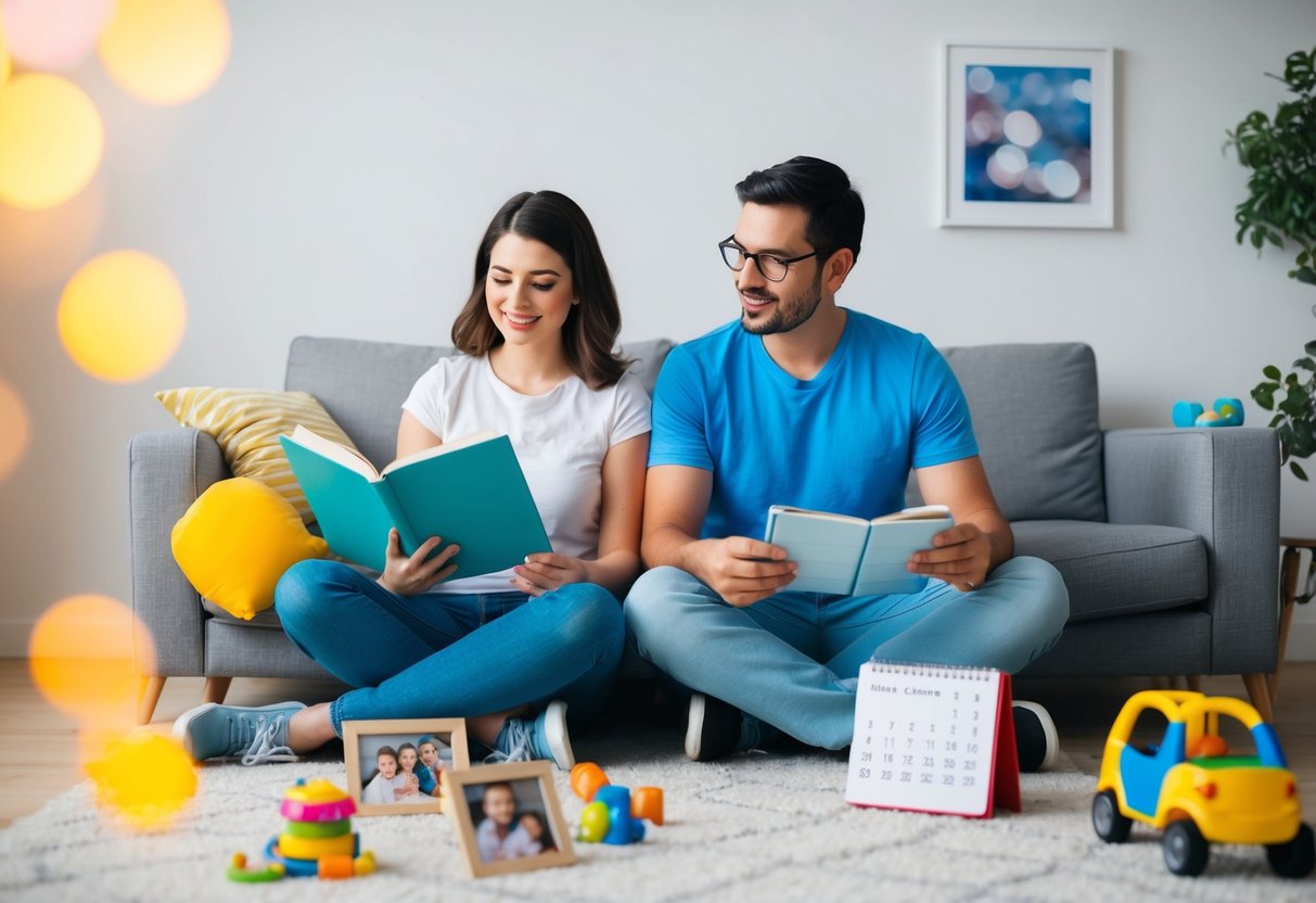 A couple sits side by side, one reading a parenting book while the other looks at a calendar. Toys and family photos are scattered around them