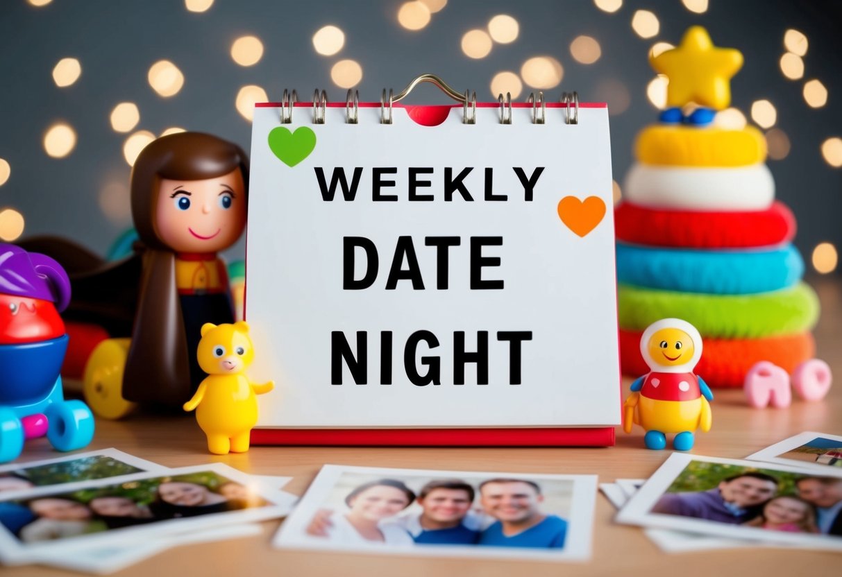 A couple's calendar with "Weekly Date Night" marked, surrounded by toys and family photos