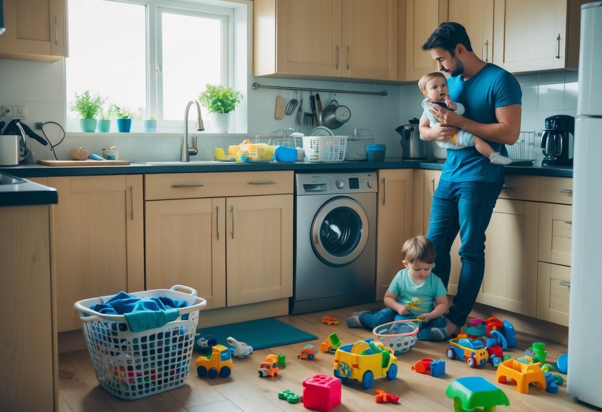A kitchen with a sink full of dishes, a laundry basket overflowing, and toys scattered across the floor. A tired parent looks at a to-do list while their partner tends to a crying child
