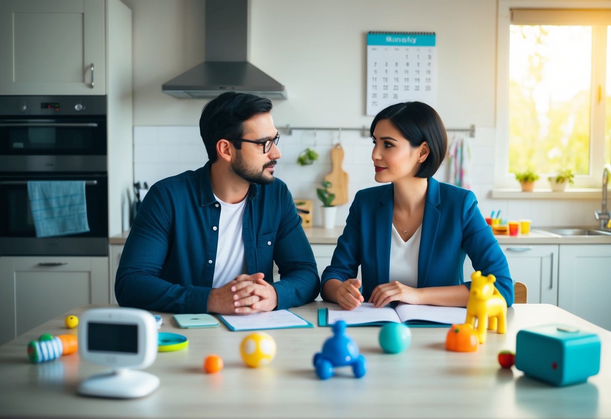 A couple sits at a kitchen table, discussing their needs and responsibilities. A baby monitor and toys are scattered around, while a calendar hangs on the wall