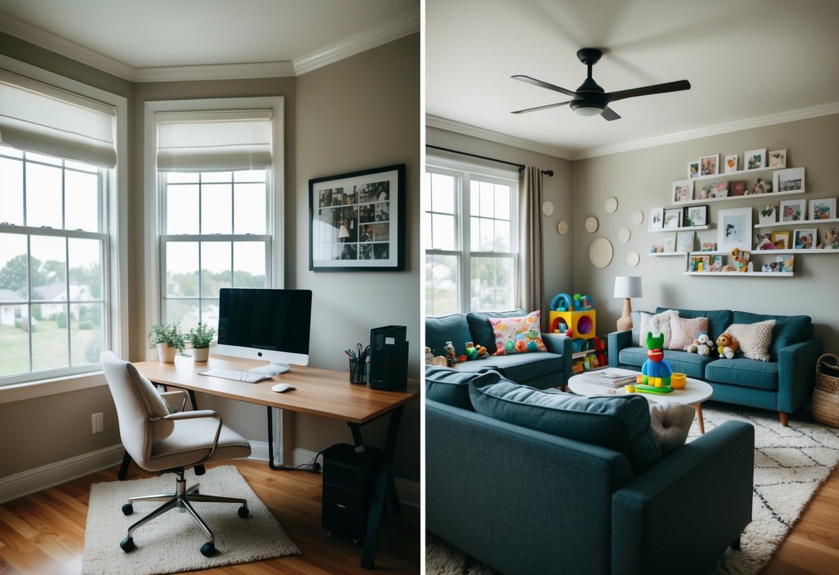 A cozy home office with a desk and computer on one side, and a living room with toys and family photos on the other