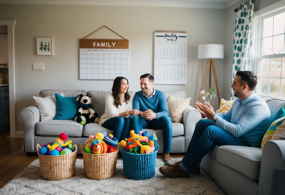A cozy living room with toys neatly organized in baskets, a calendar with family events marked, and a couple sitting together talking and laughing