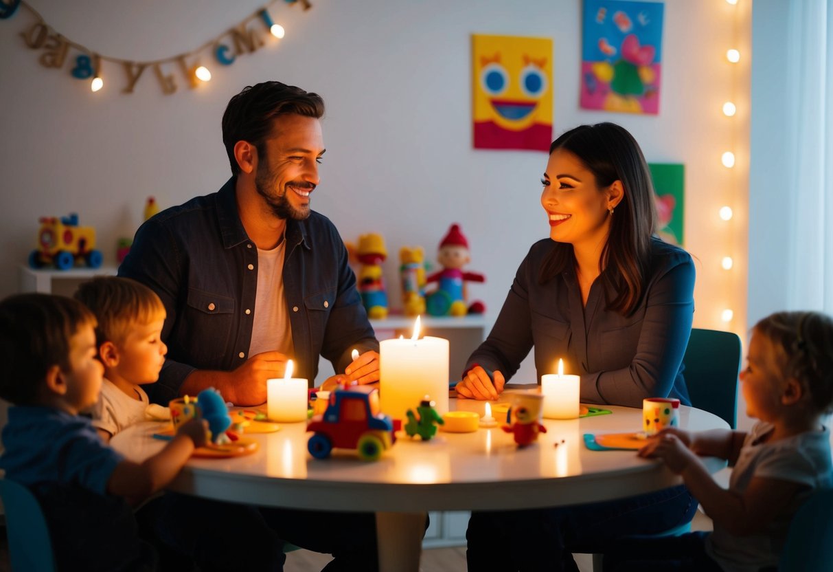 A couple sitting at a candlelit table, surrounded by toys and children's artwork. They are smiling and engaged in conversation, with a sense of intimacy and connection