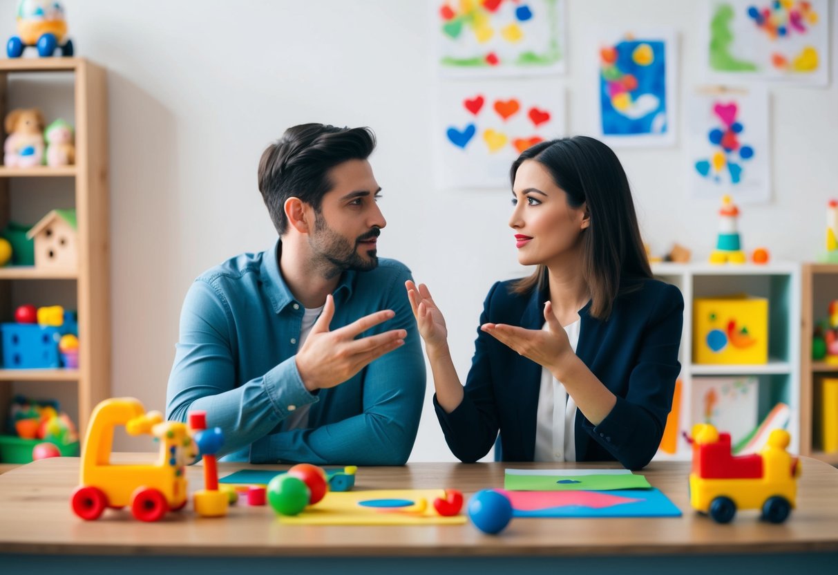 A couple sitting at a table, surrounded by toys and children's artwork. They are engaged in a deep conversation, making eye contact and gesturing with their hands